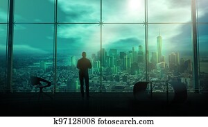 At the panoramic window, a businessman looks at the city skyscrapers, 3D render.