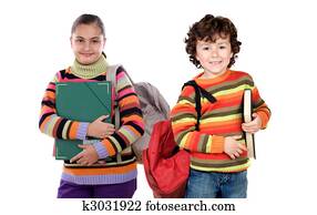 két gyerek, diákok, jelent iskola