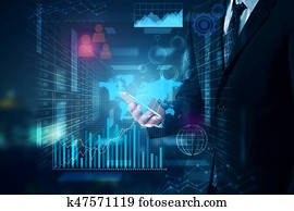 Man using cellphone with business charts Man using cellphone with business charts