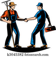 farmer and a tradesman, repairman, plumber or handyman shaking hands farmer and a tradesman, repairman, plumber or handyman shaking hands