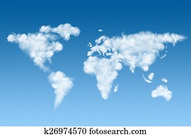 wereldkaart, gemaakt, van, wite wolken, op, hemel