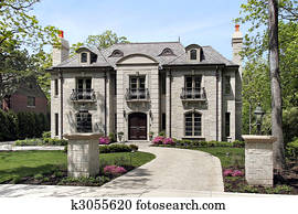 Landscaped, kleingarten, und, stein, gepflastert, zufahrt Stock Bild