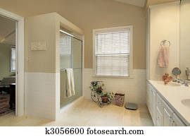 Klassische, blau, badezimmer, innere, fliesenmuster, deko Stock Bild