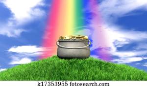 Pot Of Gold And Rainbow On Grassy Hill