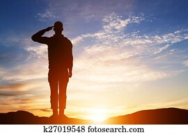 soldado, salute., silueta, ligado, pôr do sol, sky., exército, military.