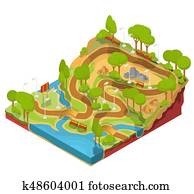 3D isometric illustration of cross section of a landscape park with a river, bridges, benches and lanterns.