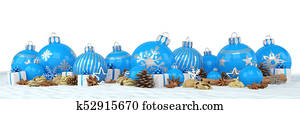 3d render - blue christmas baubles over white background