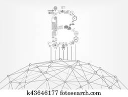 Bitcoin and blockchain icon with world wide web as symbol for crypto currency