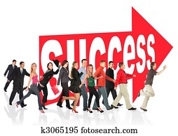 business themed collage, people run to success following the arrow sign