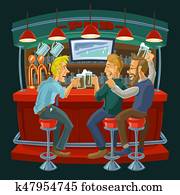 Cartoon illustration of friends drinking beer in a bar