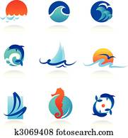 colección, de, mar, relacionado, iconos