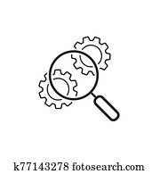 daten, analytics, linie, icon., vergrößerungsglas, und, gears.