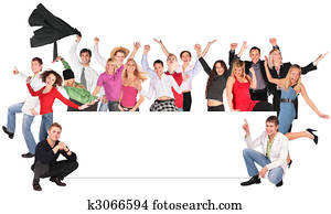 happy people crowd with board for text, collage