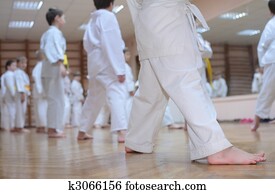 karate, niños, en, deporte, vestíbulo