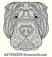 Coloring book for adults. Dog book. The head of a dog Sharpay with tribal pattern. Coloring book for adults. Dog book. The head of a dog Sharpay with tribal pattern.