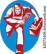 illustration of a Plumber with monkey wrench and toolbox running toward the viewer illustration of a Plumber with monkey wrench and toolbox running toward the viewer