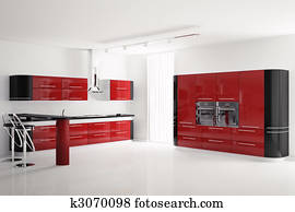 Interior of modern red black kitchen 3d