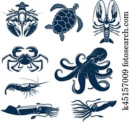 meeresfrüchte, marine tier, symbol, satz, für, essen, design meeresfrüchte, marine tier, symbol, satz, für, essen, design