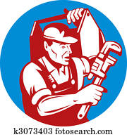 Plumber with monkey wrench and carrying toolbox Plumber with monkey wrench and carrying toolbox