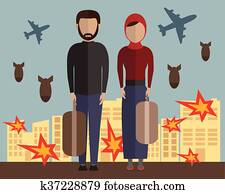 Refugee family. Muslim people. Emigrants. Husband and wife. Civil war in Syria. Vector illustration Refugee family. Muslim people. Emigrants. Husband and wife. Civil war in Syria. Vector illustration
