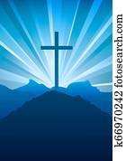religioso, cristiano, símbolo, de, fe, con, cruz, y, cielo