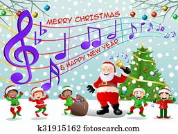 santa claus and his elf singing together on christmas background