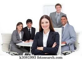 charismatic, الأنثى تنفيذي, جلسة, في جابه من, رايتها, إنتظم في فريق