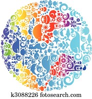 globo, esboço, feito, de, pássaros, animais, e, flores, ícones