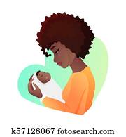 jeune, mère, à, bébé, dans, elle, hands.