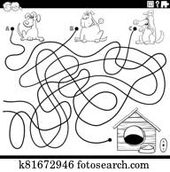 maze with dogs and dog house coloring book page maze with dogs and dog house coloring book page