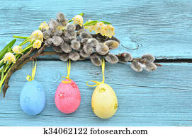 paaseitjes, hangend, linten, en, pussy-willow