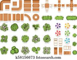 Top view landscaping architecture city park plan vector symbols, wooden benches and trees Top view landscaping architecture city park plan vector symbols, wooden benches and trees