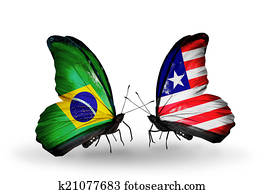 Two butterflies with flags on wings as symbol of relations Brazil and Liberia
