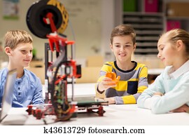 feliz, crianças, com, 3d, impressora, em, robótica, escola