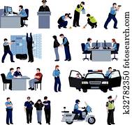 policía, gente, plano, color, iconos