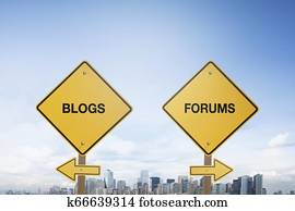 Traffic sign concept with texts blogs and forums