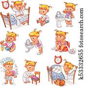 caricatura, criança, rotina diária, atividades, jogo