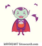 halloween, peu, vampire, dracula., garçon, gosse, à, face souriant, dans, costume halloween, à, citrouille, dans, sien, hands.