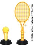 rasen, tennis, und, kugel, goldene trophäe