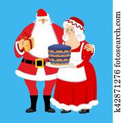 Santa and Mrs. Claus isolated. Christmas family. Woman in red dress and white apron. Cheerful elderly. New Year menage. Santa and Mrs. Claus isolated. Christmas family. Woman in red dress and white apron. Cheerful elderly. New Year menage.
