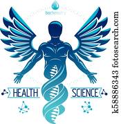 vector, grafisch, illustratie, van, sterke, mannelijke, depicted, als, dna, symbool, voortzetting, en, gecreëerde, met, wireframe, aansluitingen, en, vogel, wings., biomedical, techniek, concept.