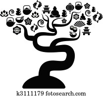 Black and white tree with zen and yoga icons Black and white tree with zen and yoga icons