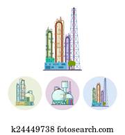 conjunto, iconos, de, un, planta química, o, refinería, procesamiento, vector, ilustración
