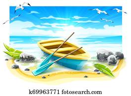 Fishing boat with paddles on paradise island Fishing boat with paddles on paradise island