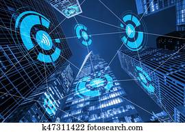 internet, de, coisas, conceito, em, cidade