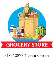 Paper shopping bag full of groceries products