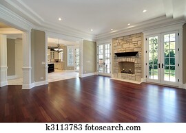 sala, con, piedra, chimenea