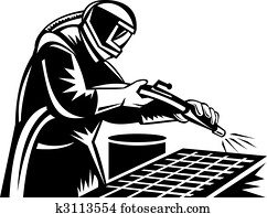 Sandblaster at work cleaning grill done in black and white Sandblaster at work cleaning grill done in black and white