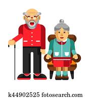 výstižný, dochodca, couple., elderly clovek, s, kôl, a, jeho, pani