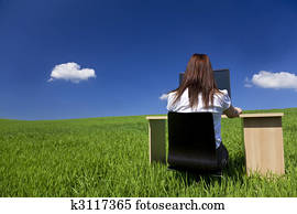 Woman Working At Office Desk and Computer In Green Field